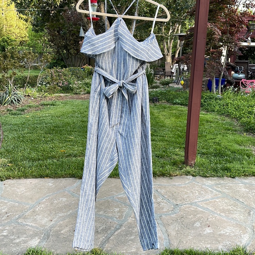 🌺 Avec Les Filles; Gray/White Railroad-Striped Linen Jumpsuit in Misses Sz. S! - Picture 13 of 13